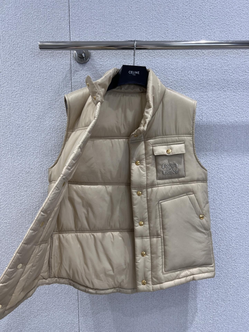 Celine Quilted Puffer Vest in Beige | High-Collar Sleeveless Design with Embroidered Logo & Gold-Tone Buttons