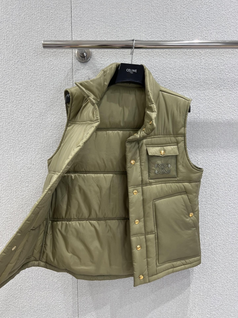 Celine Quilted Puffer Vest in Olive Green with Gold-Tone Buttons and CC Logo Embroidery