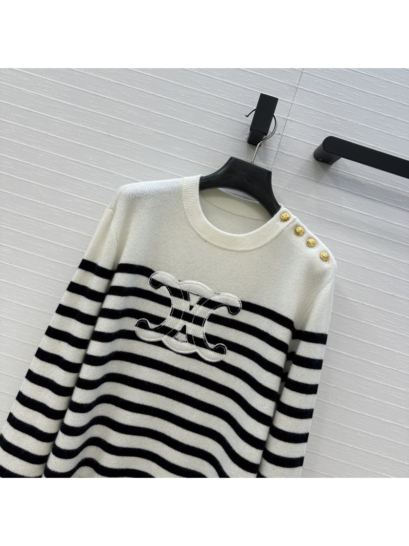 Celine Two-Tone Striped Logo Cashmere Sweater - Black & White, Metal Button Shoulder Detail, Round Neck