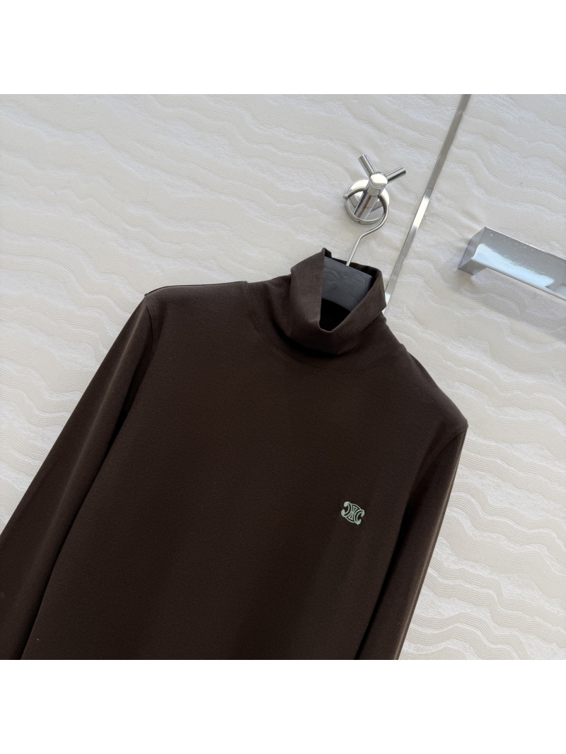 Celine Slim-Fit Turtleneck Top in Imported Tencel Wool Blend with Subtle Embroidery - Deep Brown