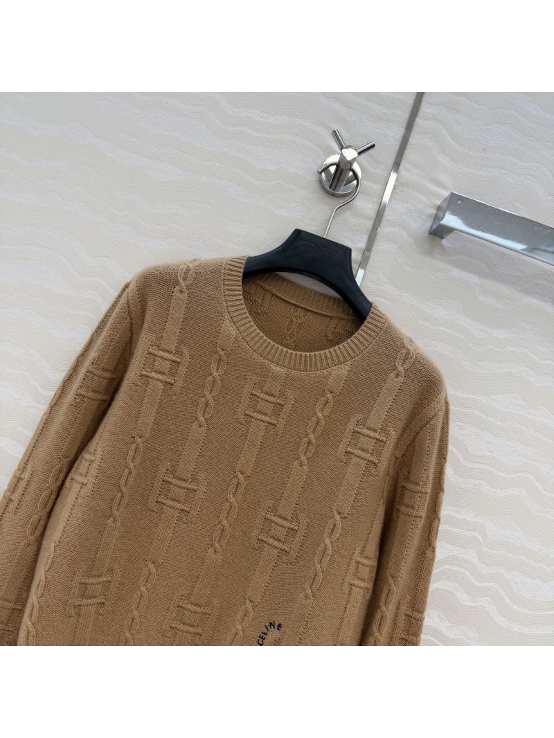 CELINE Signature 100% Cashmere Cropped Sweater, Camel Chain-Link Jacquard