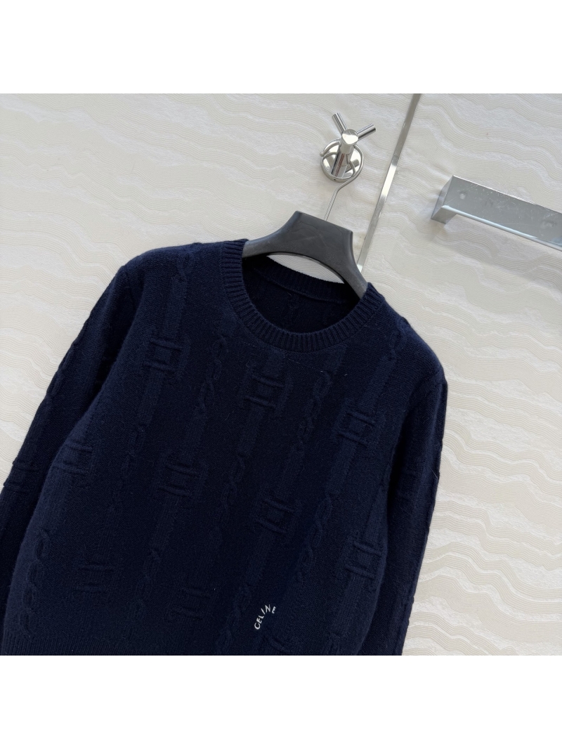 Celine Signature 100% Cashmere Crewneck Sweater in Deep Navy Blue | Chain-Link Jacquard & Cropped Fit