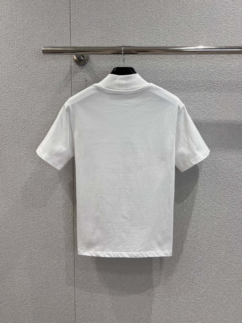 Celine Mock Neck T-Shirt, Triomphe Embroidered Pocket, High-Count Cotton, Crisp White