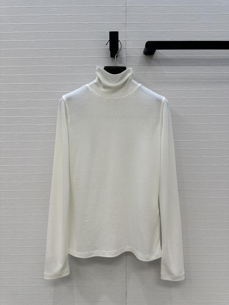 Celine Timeless Lyocell & Wool Blend Mock Neck Base Layer Top with Signature Arc Embroidery