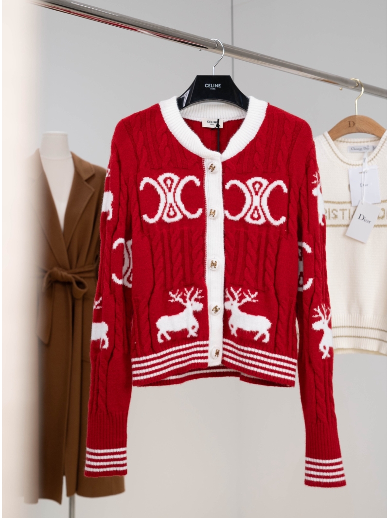 CELINE 25SS Triomphe Intarsia Wool Cardigan in China Red - Exquisite Chunky Knit Signature Luxury Outerwear