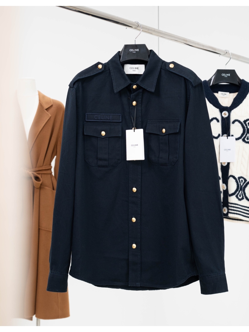 Celine Navy Blue Military Utility Shirt Jacket with Gold Triomphe Buttons