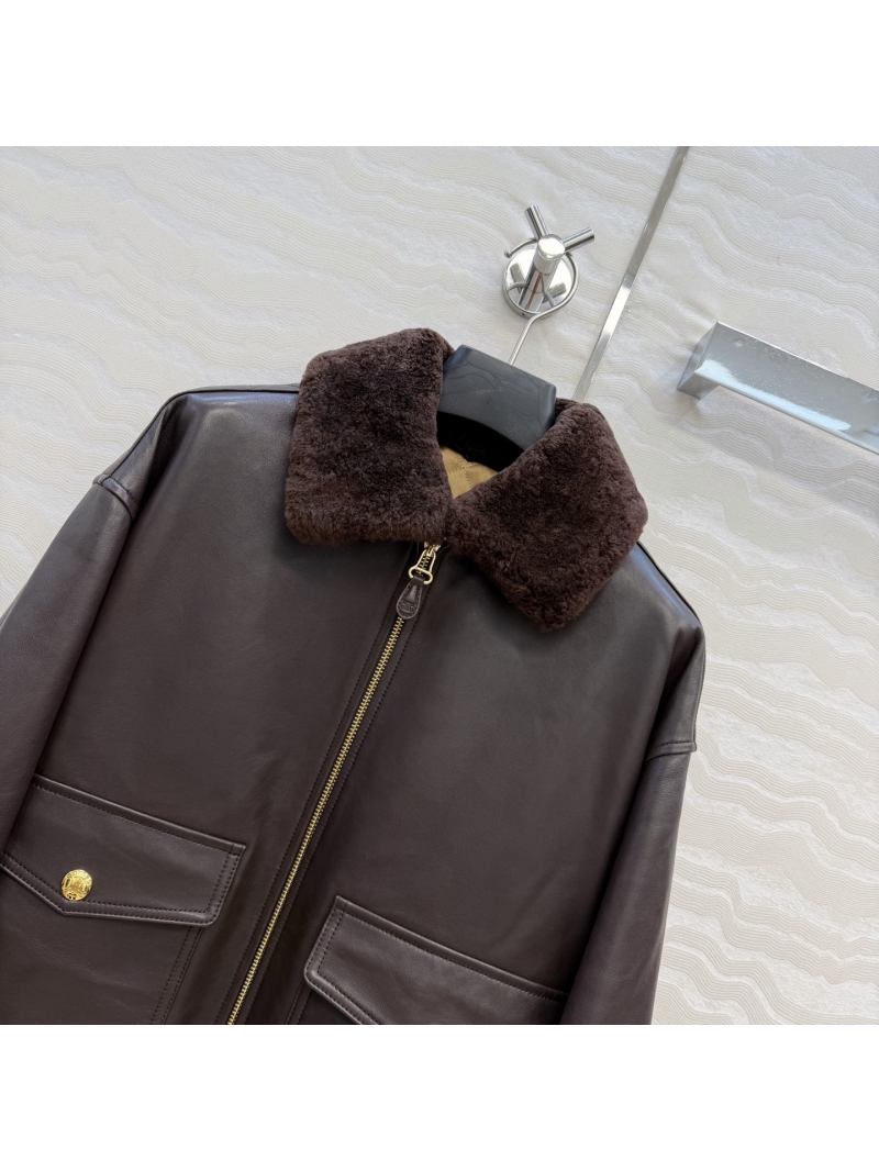 Celine 100% Lambskin Leather Jacket with Detachable Spanish Shearling Collar - Brown Coffee