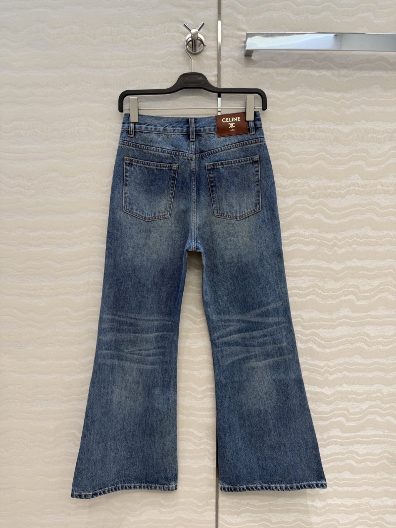 Celine Vintage Wash Imported Denim Slight Flare Jeans with Signature Leather Patch