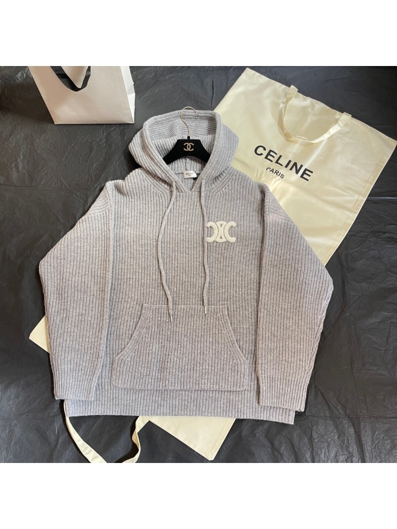 Celine Unisex Triomphe Embroidered Ribbed Knit Hoodie in Light Grey