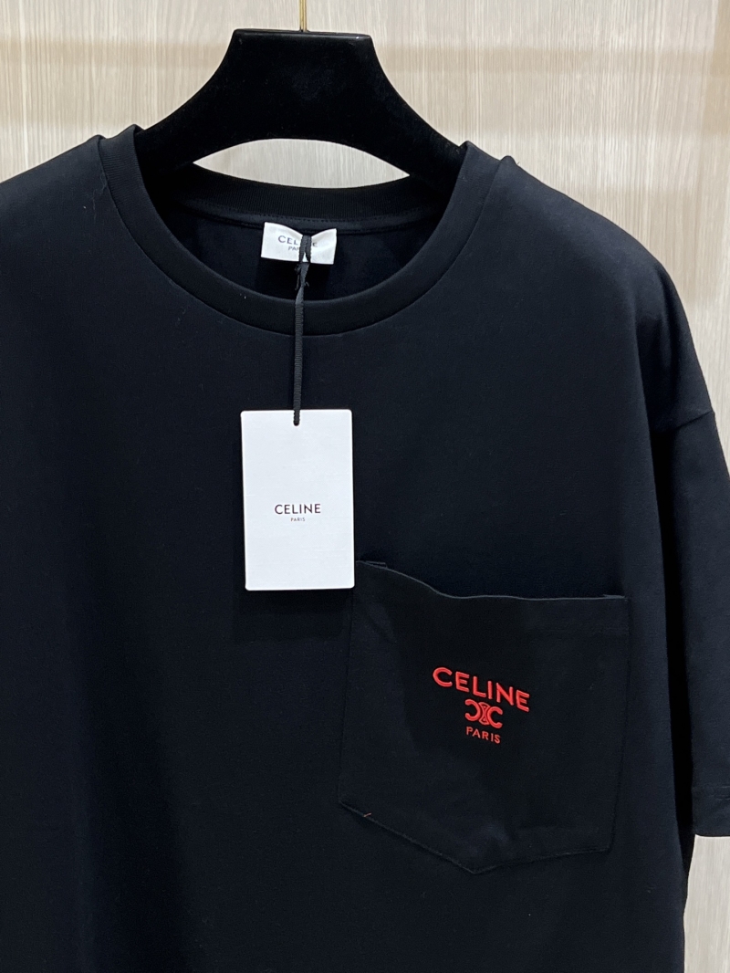 Celine 15-Count Compact Cotton Short-Sleeved T-Shirt with Red Triomphe Embroidery in Black