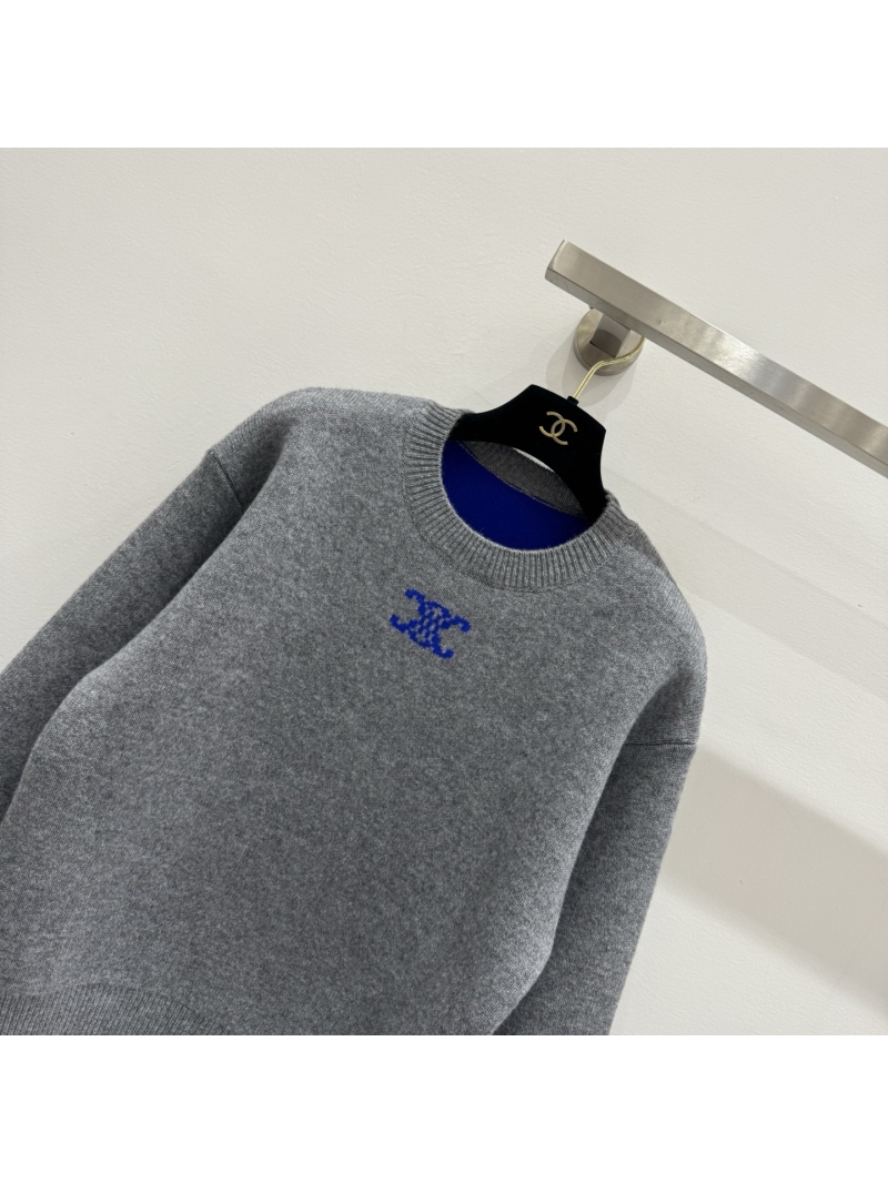 Celine Cashmere and Laine Wool Knit Sweater in Heather Grey and Royal Blue