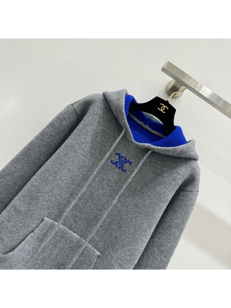 Celine Triomphe Logo Cashmere Wool Knit Hoodie in Heathered Gray and Royal Blue