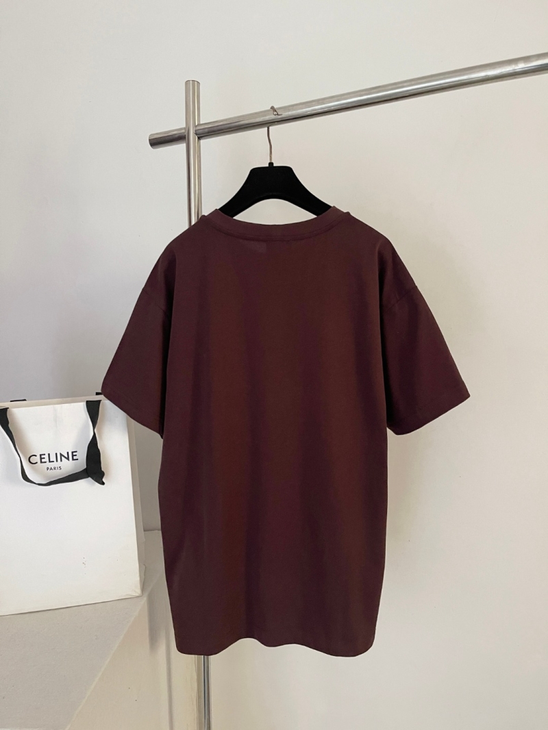 Celine Triomphe Logo Cotton Jersey T-Shirt in Burgundy - Relaxed Fit