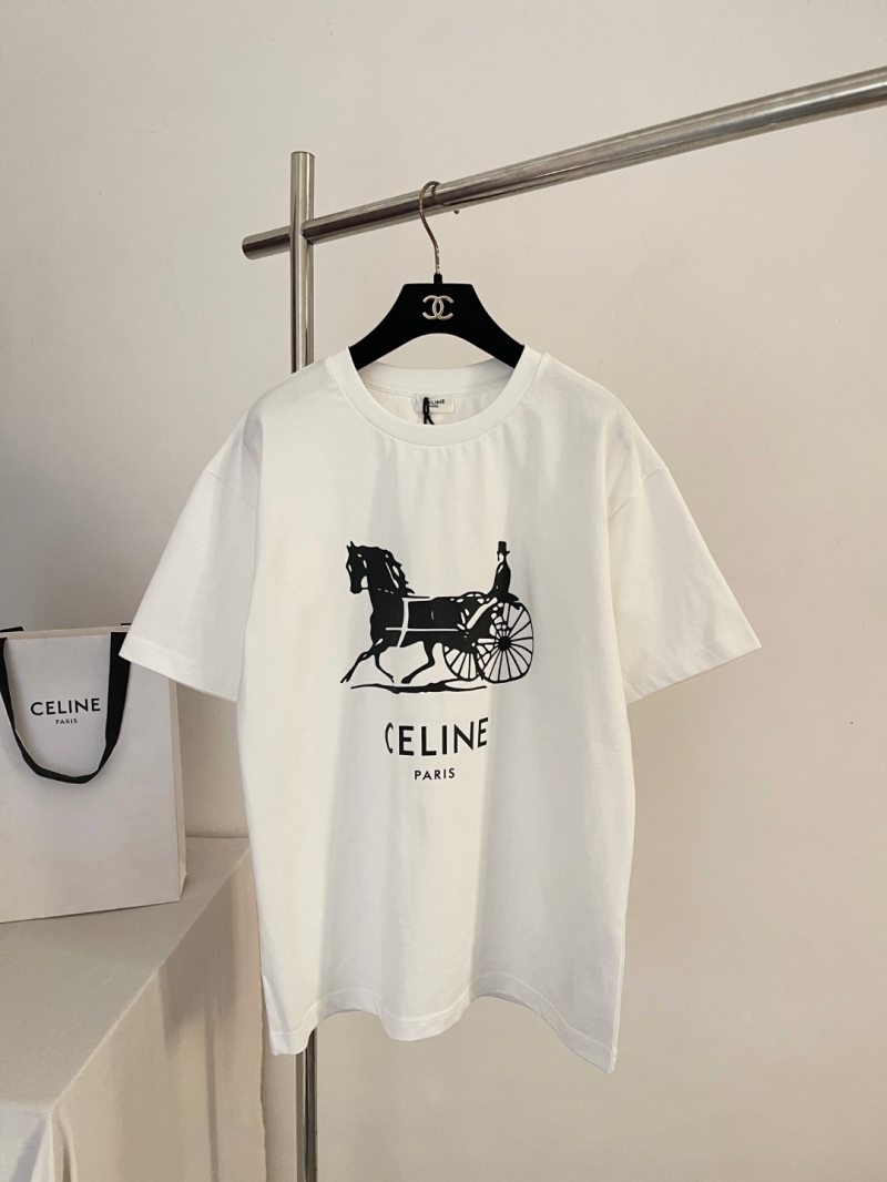 Celine Horse Carriage Print Cotton T-Shirt in Off-White
