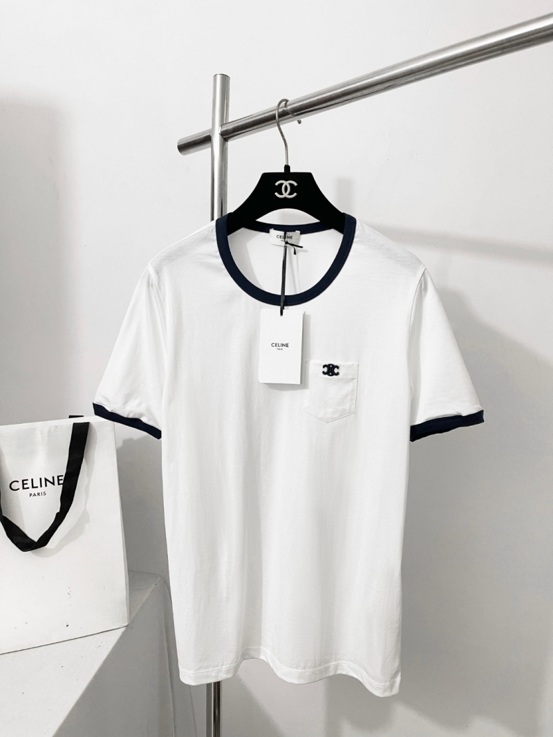 Celine Triomphe Embroidered Pocket Ringer T-Shirt - White/Navy Blue