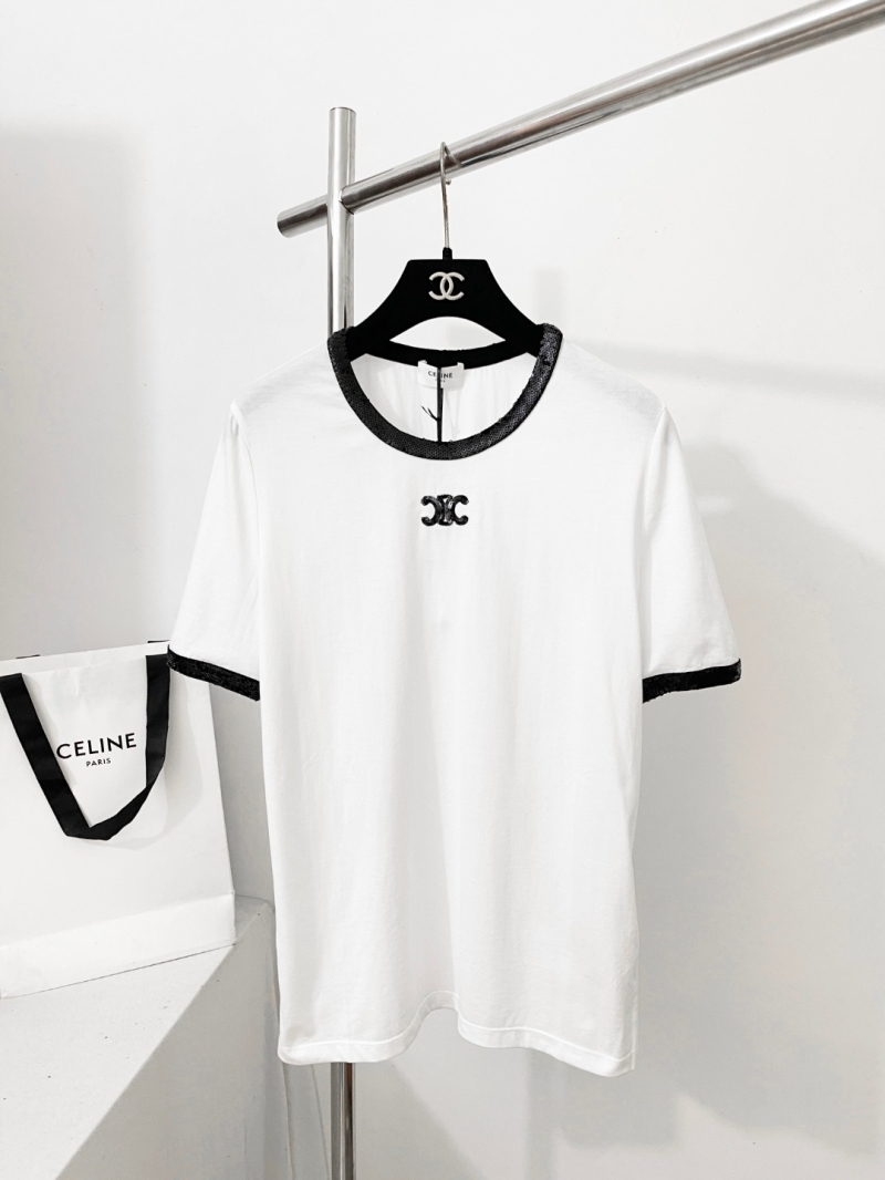 Celine Sequined Trim Triomphe Logo T-Shirt - White/Black Luxury Cotton Tee
