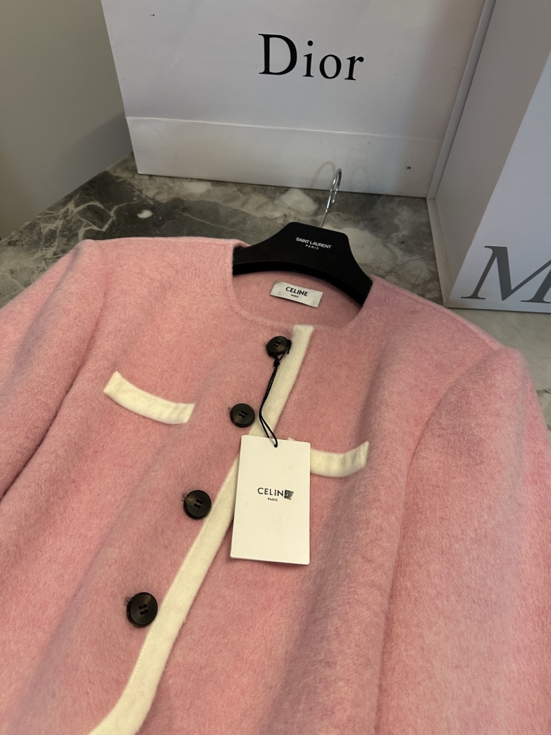 CELINE 90% Australian Wool & 10% Alpaca Cherry Blossom Pink Cropped Jacket with Contrast Piping