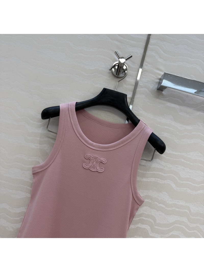 Celine Imported Ribbed Knit Triomphe Embroidery Slim-Fit Tank Top in Dusty Rose