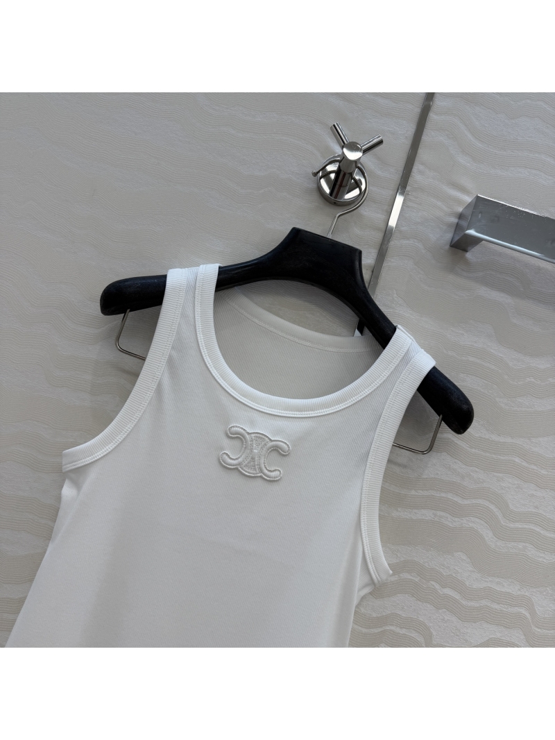 Celine Signature Ribbed Cotton-Blend Tank Top in White