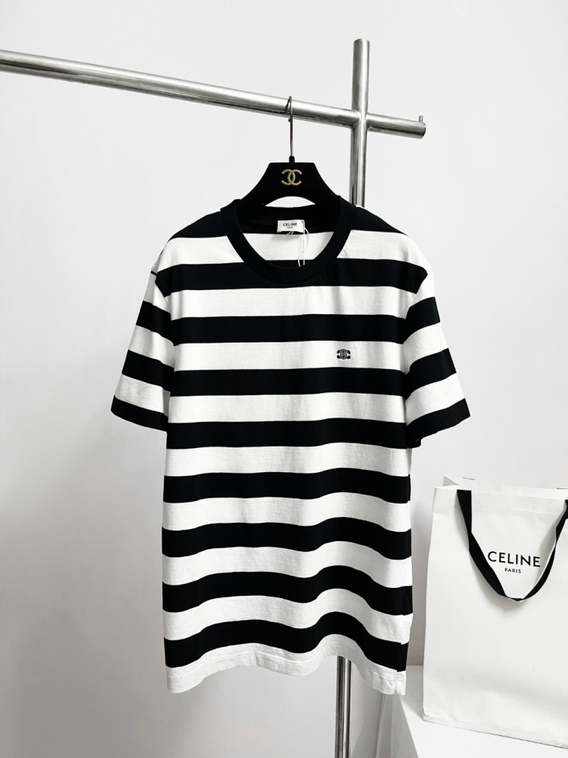 Celine Triomphe Embroidered Striped Cotton T-Shirt in Black and White