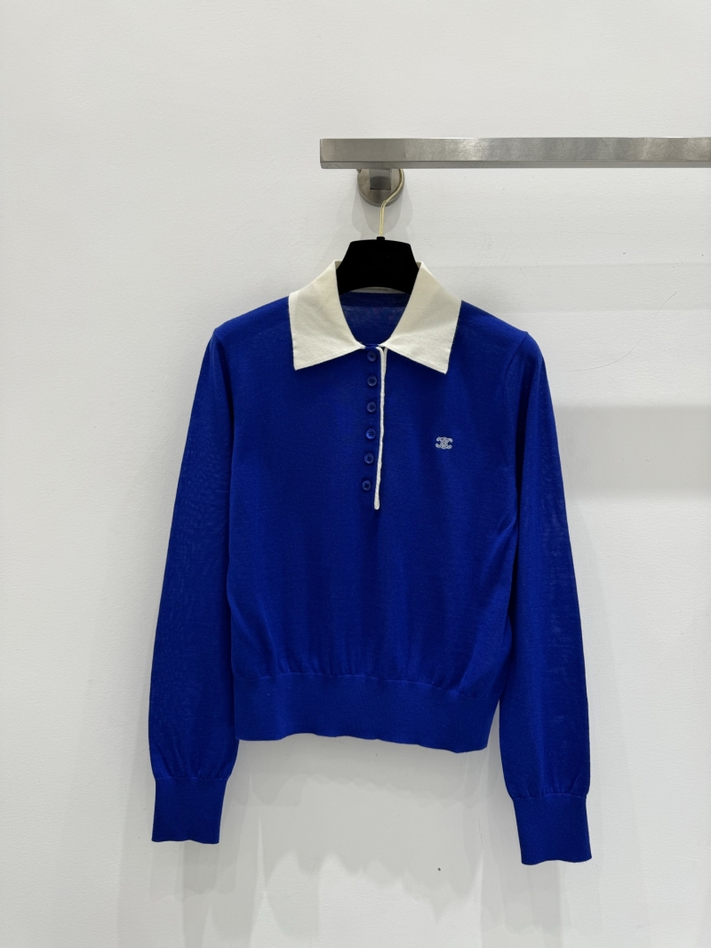 Celine Triomphe Logo Knit Polo Sweater in Royal Blue