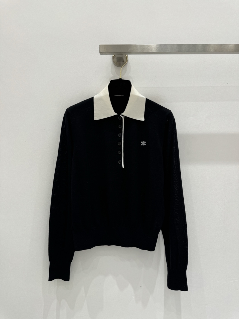 Celine Triomphe Embroidered Wool Polo Knit Sweater in Black/White