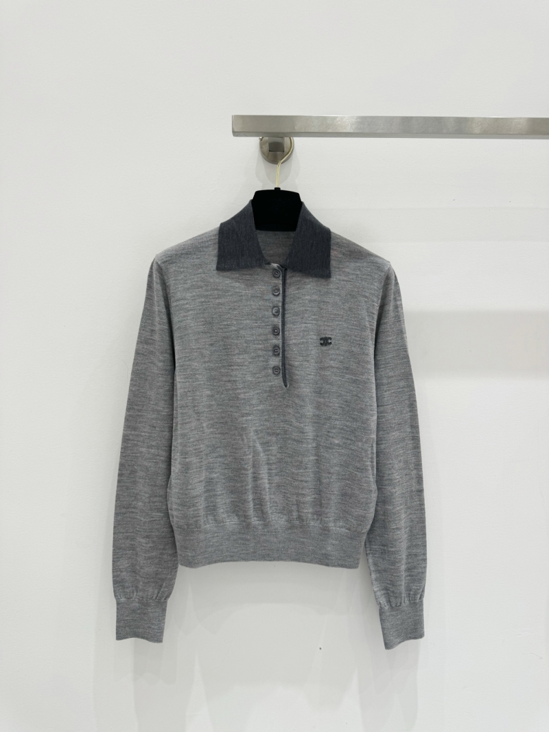 Celine Triomphe Logo Heathered Grey Wool Polo Sweater with Contrast Collar