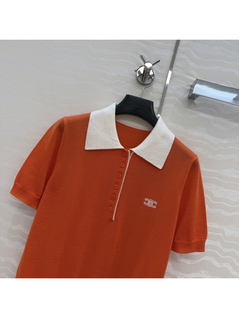 Celine 100% Merino Wool Short-Sleeved Knit Polo Top in Tangerine Orange