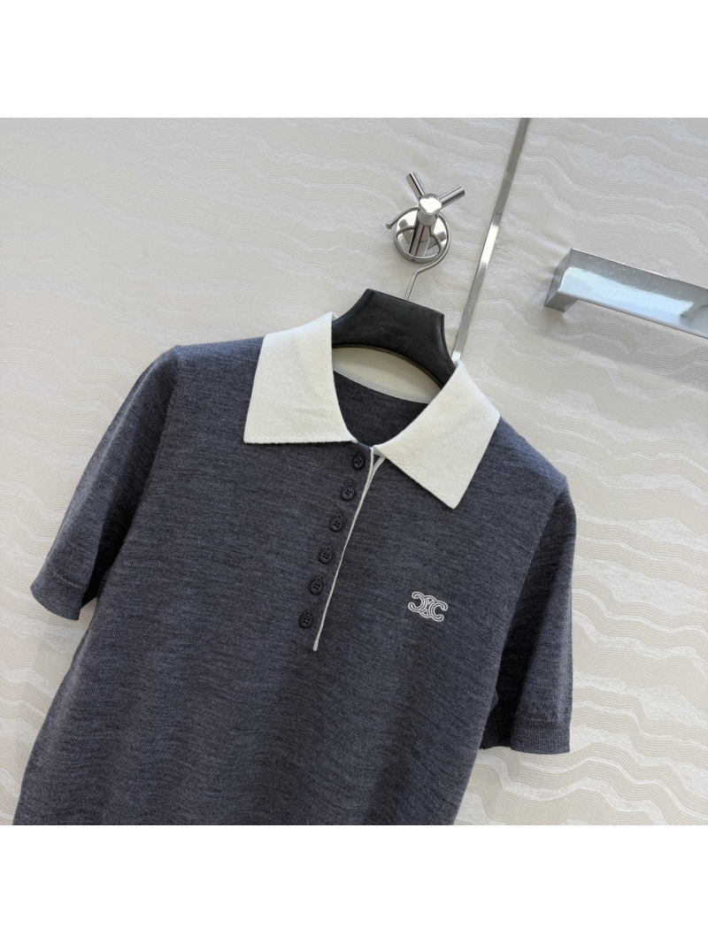 Celine 100% Merino Wool 18-Gauge Fine Knit Polo Top in Charcoal Grey