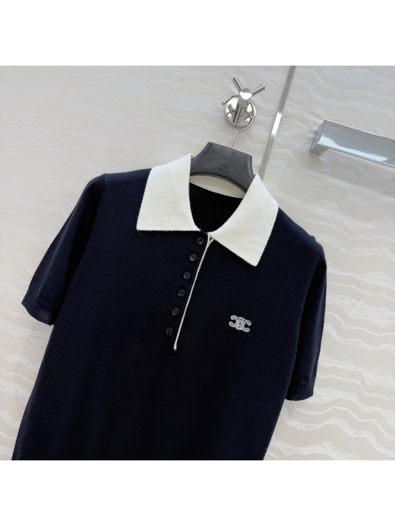 Celine Sumptuous 100% Merino Wool Contrast Polo Knit Top