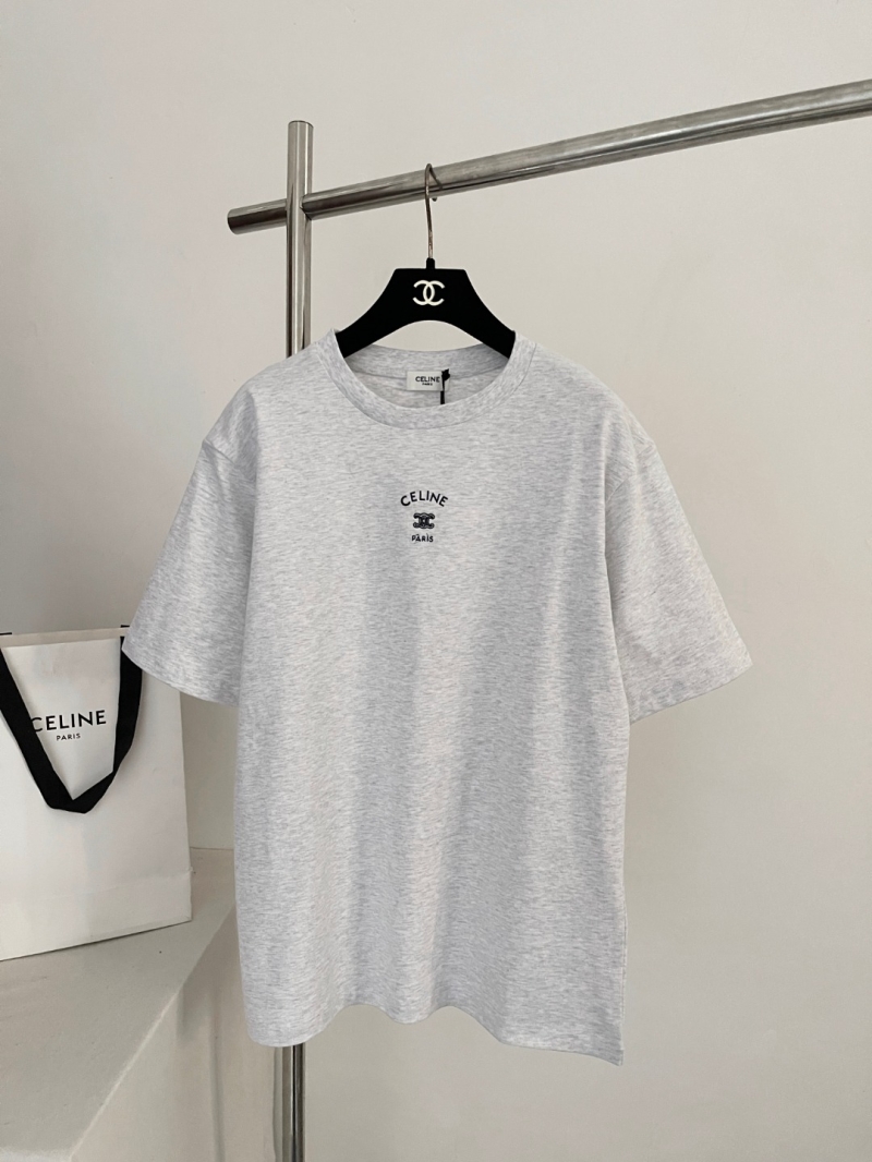 Celine Triomphe Embroidered Relaxed Cotton T-Shirt in Heather Gray White Navy