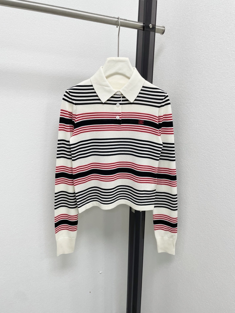 Celine Contrast Stripe Soft Knit Polo Sweater with Triomphe Embroidery