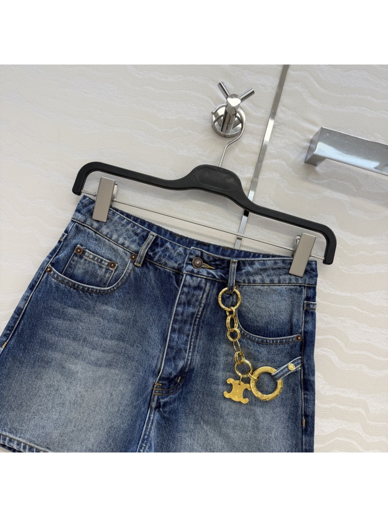 Celine Signature Triomphe Pendant Premium Washed Denim Shorts in Mid-Blue