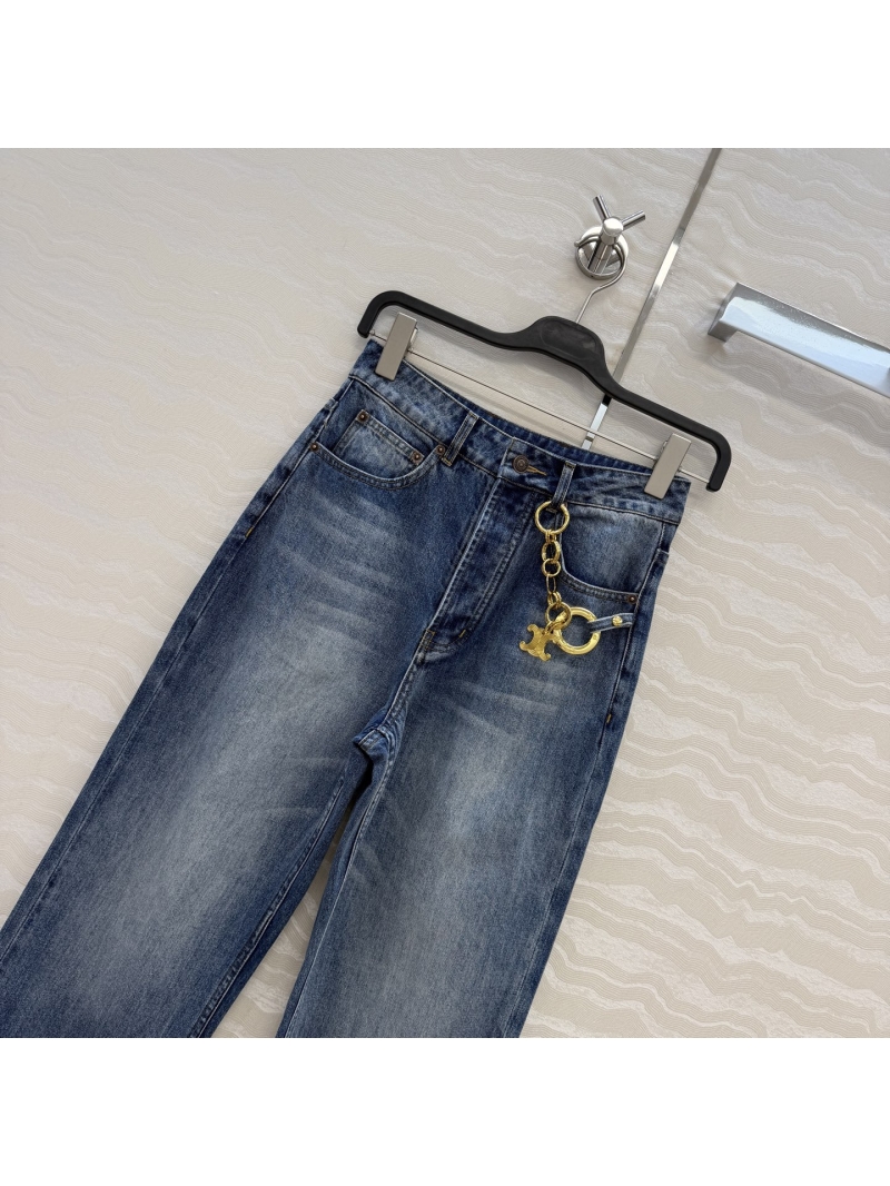 Celine Premium Imported Denim Straight-Leg Jeans with Signature Gold-Toned Triomphe Pendant in Classic Blue