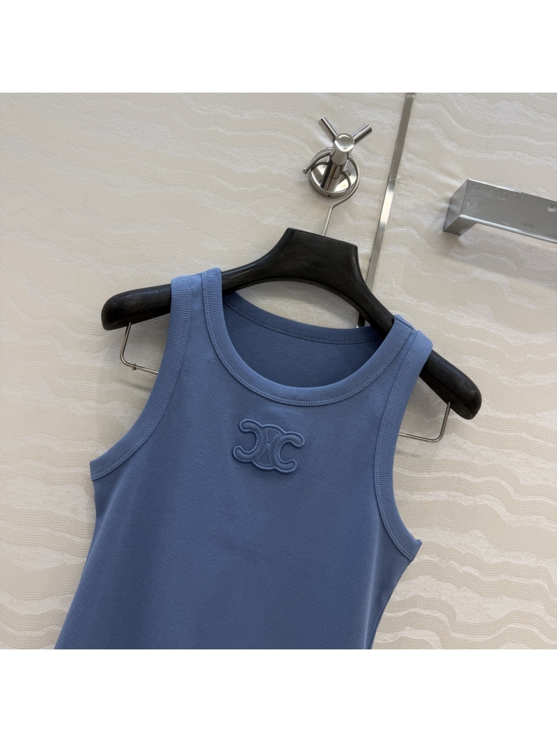 Celine Premium Ribbed Cotton-Blend Tank Top - Exquisite Embroidered Logo Slim Fit