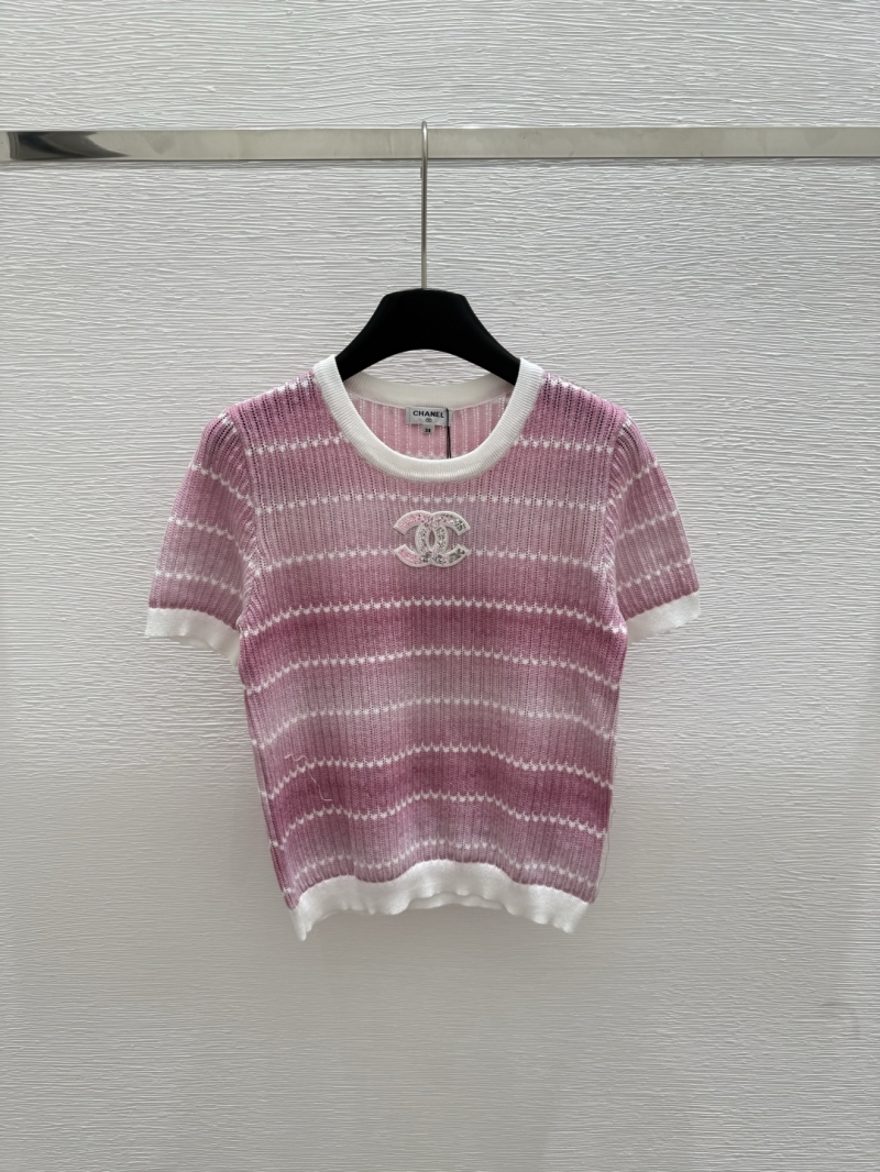 Chanel 25P Summer Striped Knit Short-Sleeve Top - Luxe Wool & Cashmere