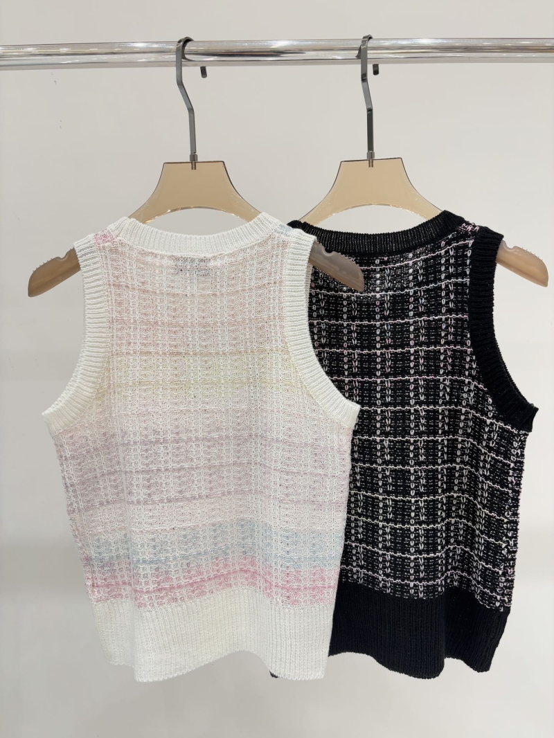 Chanel Summer 2025 Round Neck Colorblock Logo Rhinestone Knit Vest