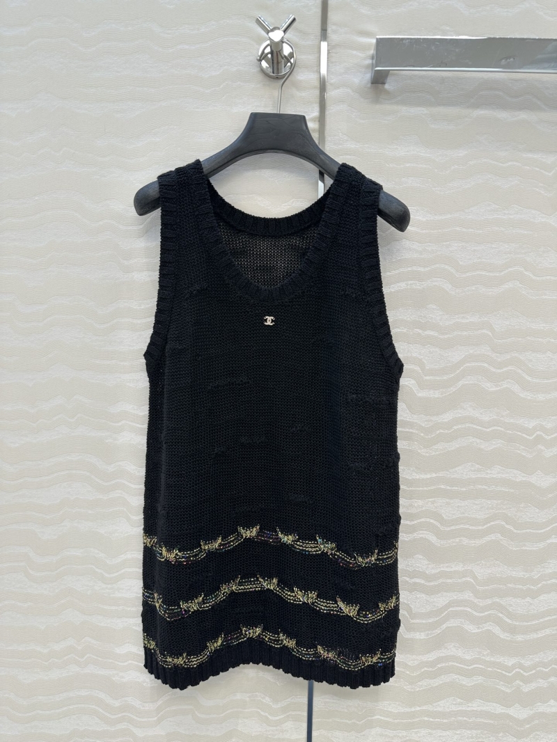 Chanel Coco 25A White Moonlight Snowflake Cotton Linen Knitted U-Neck Vest - Black - Elegant & Versatile