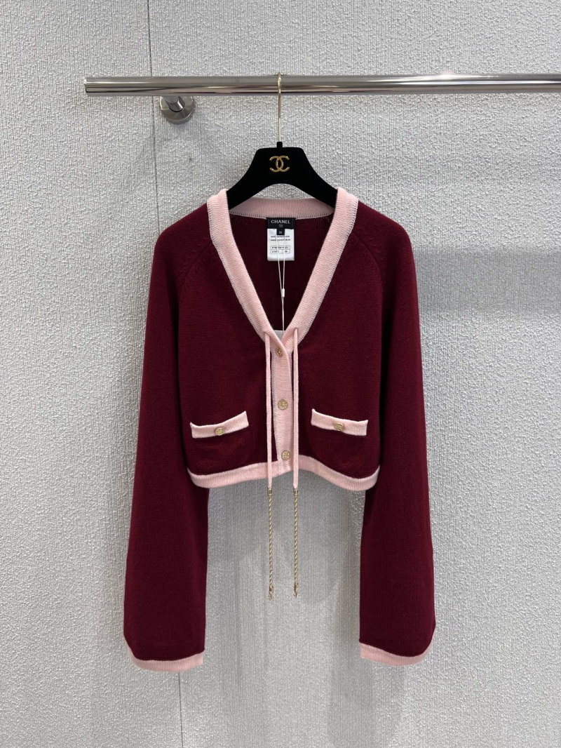 Chanel Luxe Wine Red Crocheted Cardigan - Contrast Trim & Rhinestone Details