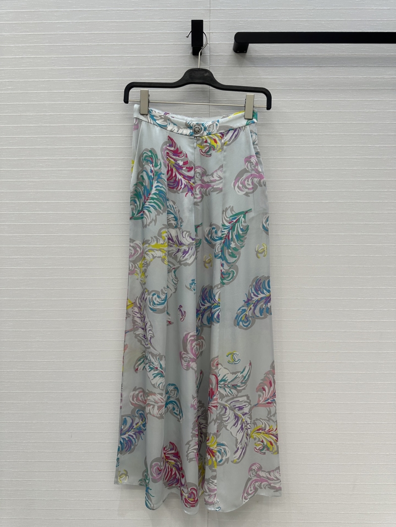 Chanel Luxe Silk Wide-Leg Pants with Colorful Feather Print