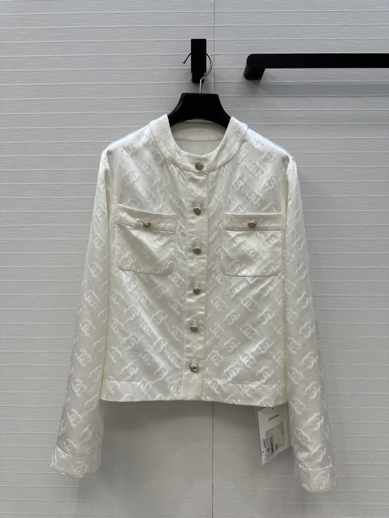 Chanel Luxe Silk Coco Girl White Moonlight Round-Neck Jacket