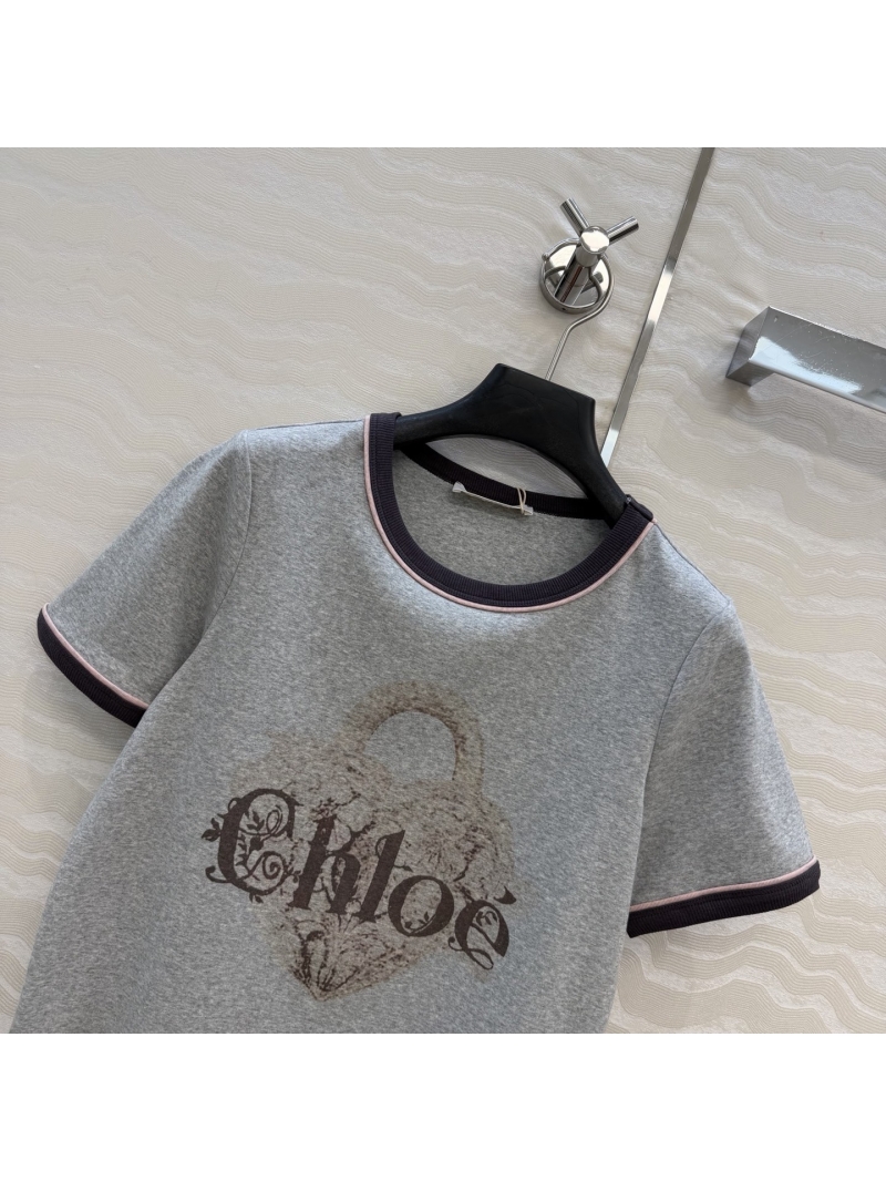 Chloé Signature Pure Cotton T-Shirt with Contrast Piping | Heather Grey, Slimming Fit