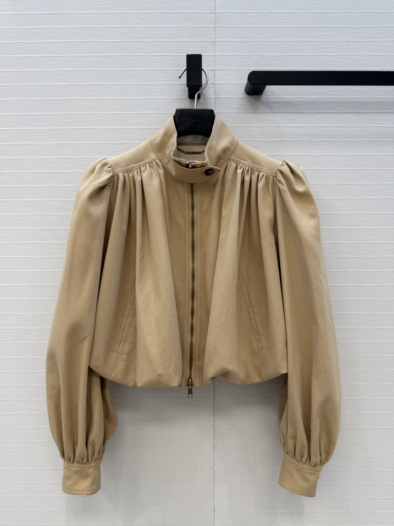 Chloe 100% Cotton Canvas Pleated Cropped Lantern Sleeve Jacket in Beige
