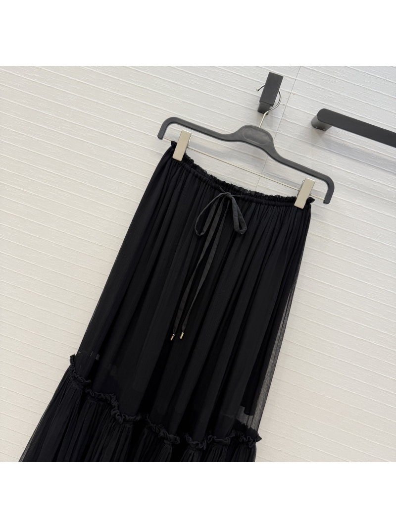 Chloe Tiered Georgette Wood Ear Ruffle Long Skirt in Black