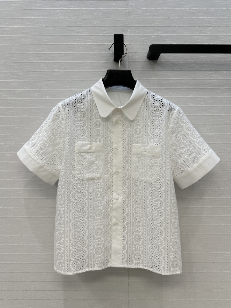 Celine 2025 Spring Summer Exclusive White Embroidered Hollow-Out Short Sleeve Shirt