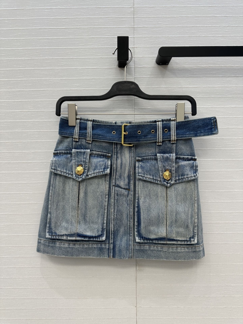 Balmain Early Fall Retro Washed Blue Denim Mini Skirt with Belt and Metal Buttons