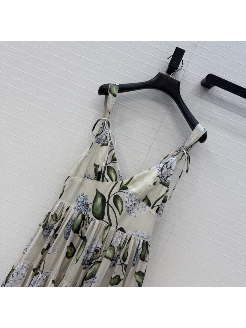 Oscar de la Renta Custom Cotton Floral V-Neck Tied-Strap Maxi Dress