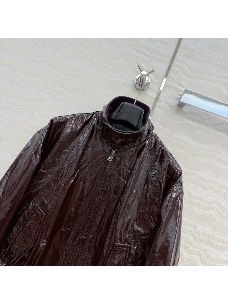 Phoebe Philo 100% Patent Lambskin Quilted Bomber Jacket in Burgundy