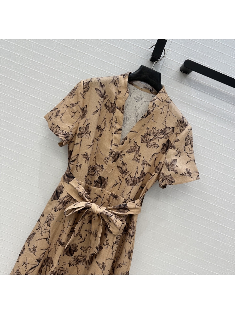 Dior 2025 Resort Floral Linen V-Neck Maxi Dress - Elegant A-Line