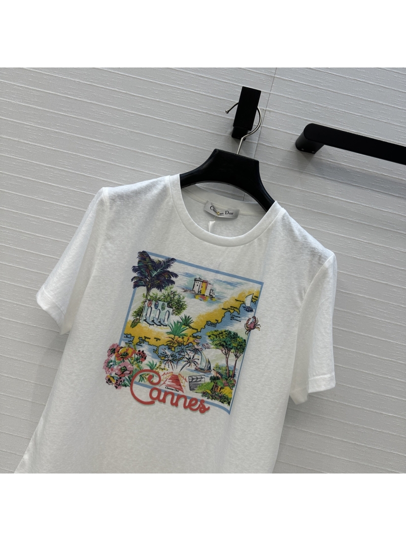 Dior Miss Dior Spring-Summer Souvenir City Limited T-Shirt - Azure Coast Print & Luxe Cotton-Linen Blend